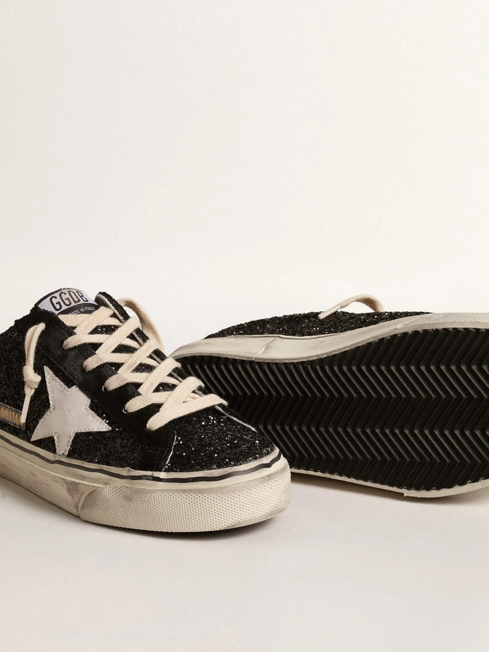 Cheap Golden Goose Mule Super-Star de glitter preto com estrela de base vegetal branca Cabedal de glitter preto