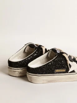 Cheap Golden Goose Mule Super-Star de glitter preto com estrela de base vegetal branca Cabedal de glitter preto