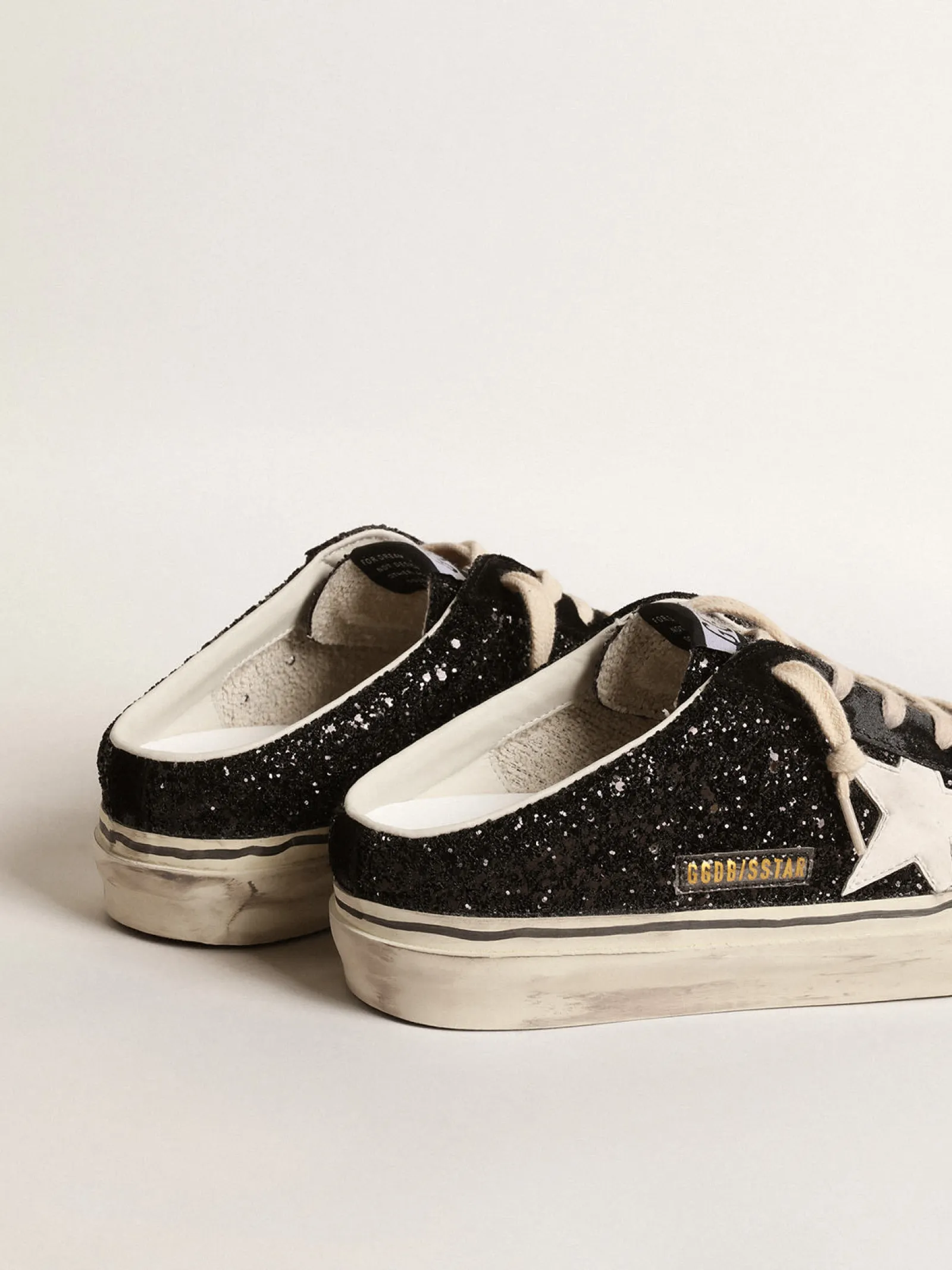 Cheap Golden Goose Mule Super-Star de glitter preto com estrela de base vegetal branca Cabedal de glitter preto