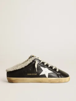Cheap Golden Goose Mule Super-Star de napa preta com estrela de couro branco e forro de shearling bege Cabedal de napa preta