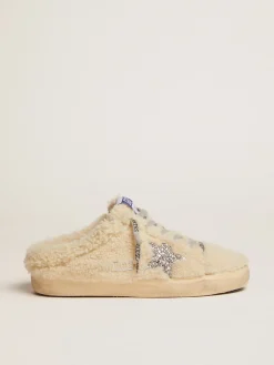 Online Golden Goose Mule Super-Star feminino de shearling branco e estrela de glitter Cabedal de shearling branco natural