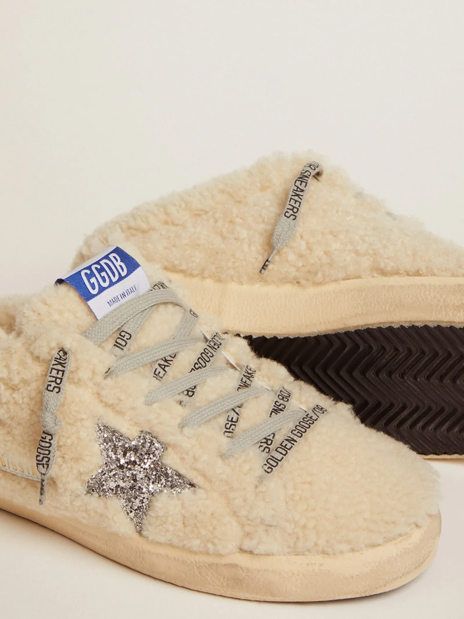 Online Golden Goose Mule Super-Star feminino de shearling branco e estrela de glitter Cabedal de shearling branco natural