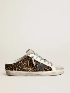Discount Golden Goose Mule Super-Star feminino de cavalinho leopardo com estrela preta Cabedal de couro cavalinho com estampa de leopardo bege e marrom