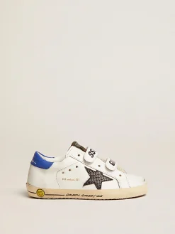 Outlet Golden Goose Old School com estrela de couro preto, estampa de píton e talão azul Cor: branco