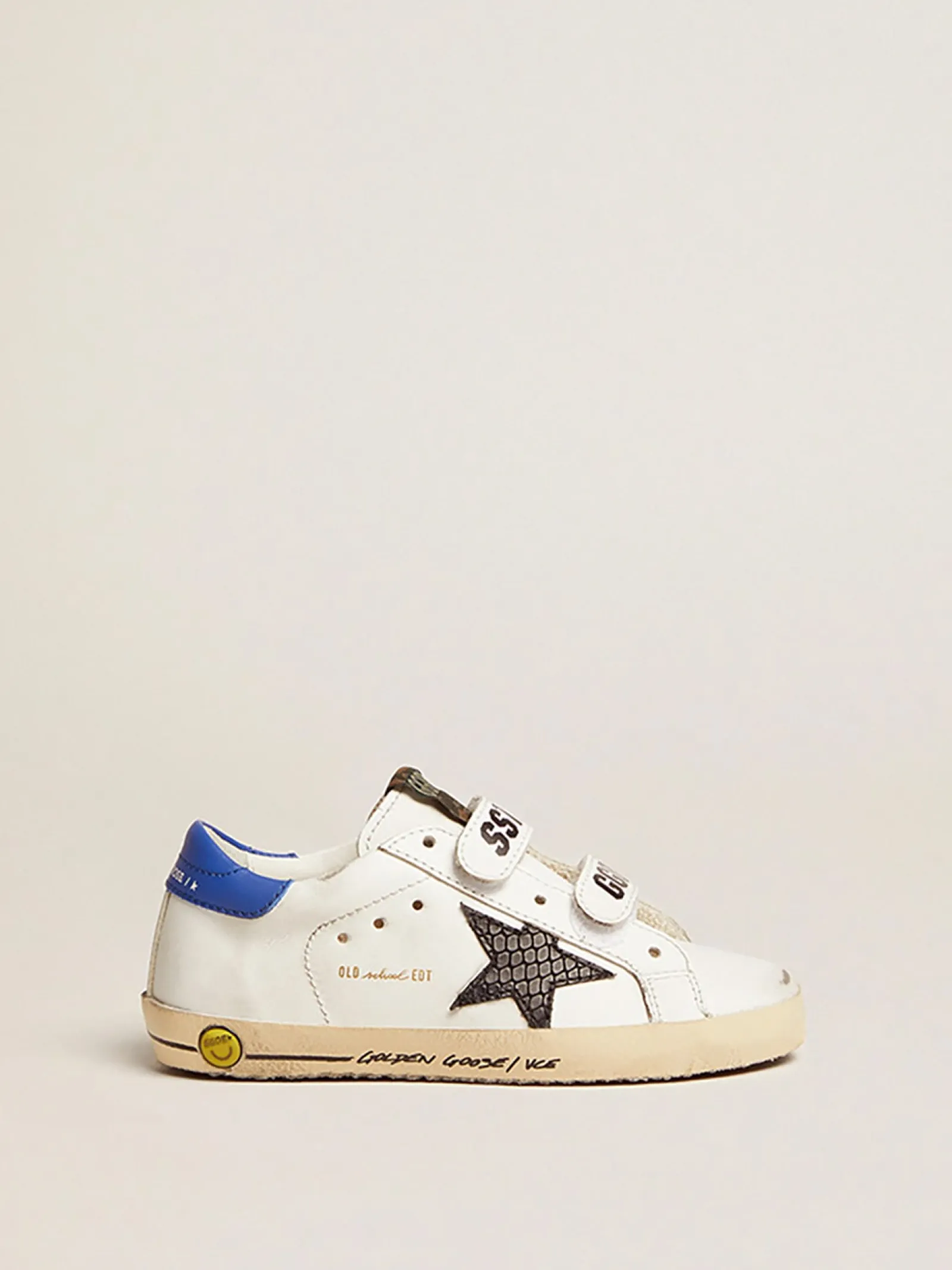 Outlet Golden Goose Old School com estrela de couro preto, estampa de píton e talão azul Cor: branco