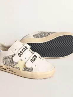 Cheap Golden Goose Old School Junior base vegetal com estrela amarela e inserções de glitter Cabedal branco de base vegetal com inserções de glitter prateado