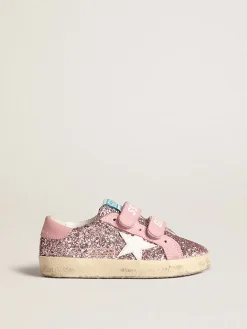 Discount Golden Goose Old School Junior de glitter lilás com estrela branca e talão rosa Cabedal de glitter lilás