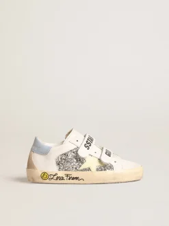 Fashion Golden Goose Old School Young base vegetal com estrela amarela e inserções de glitter Cabedal branco de base vegetal com inserções de glitter prateado