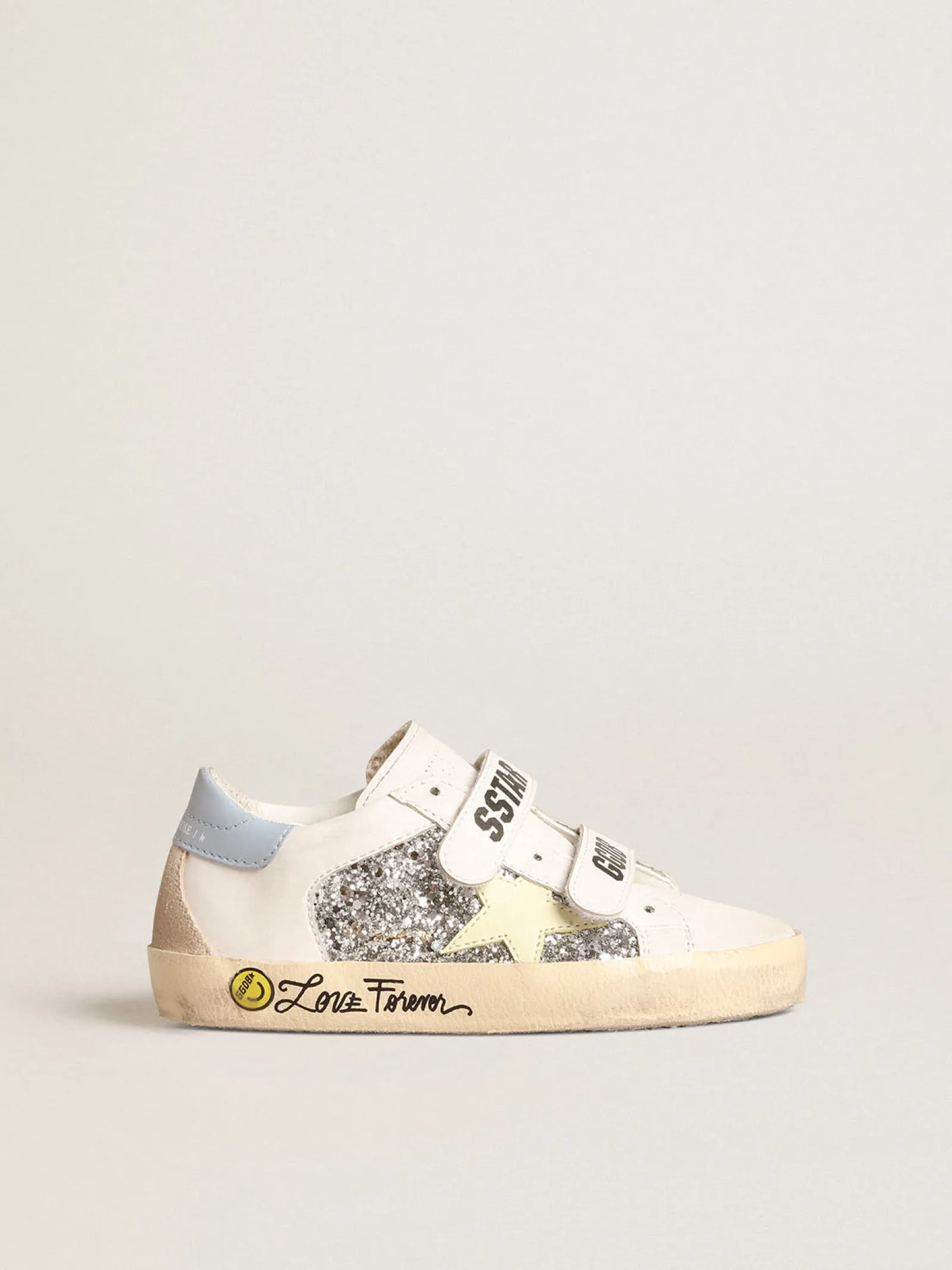 Fashion Golden Goose Old School Young base vegetal com estrela amarela e inserções de glitter Cabedal branco de base vegetal com inserções de glitter prateado