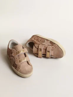 Sale Golden Goose Old School Young de glitter rosa pêssego com estrela de suede rosa Cabedal de glitter na cor rosa pêssego