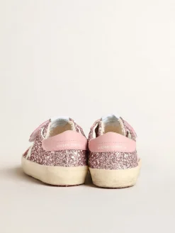 Best Sale Golden Goose Old School Young de glitter lilás com estrela branca e talão rosa Cabedal de glitter lilás