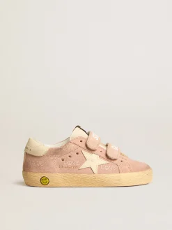 New Golden Goose Old School Young de suede rosa com estrela e talão de couro creme Cabedal de suede rosa pêssego com estampa Love all-over
