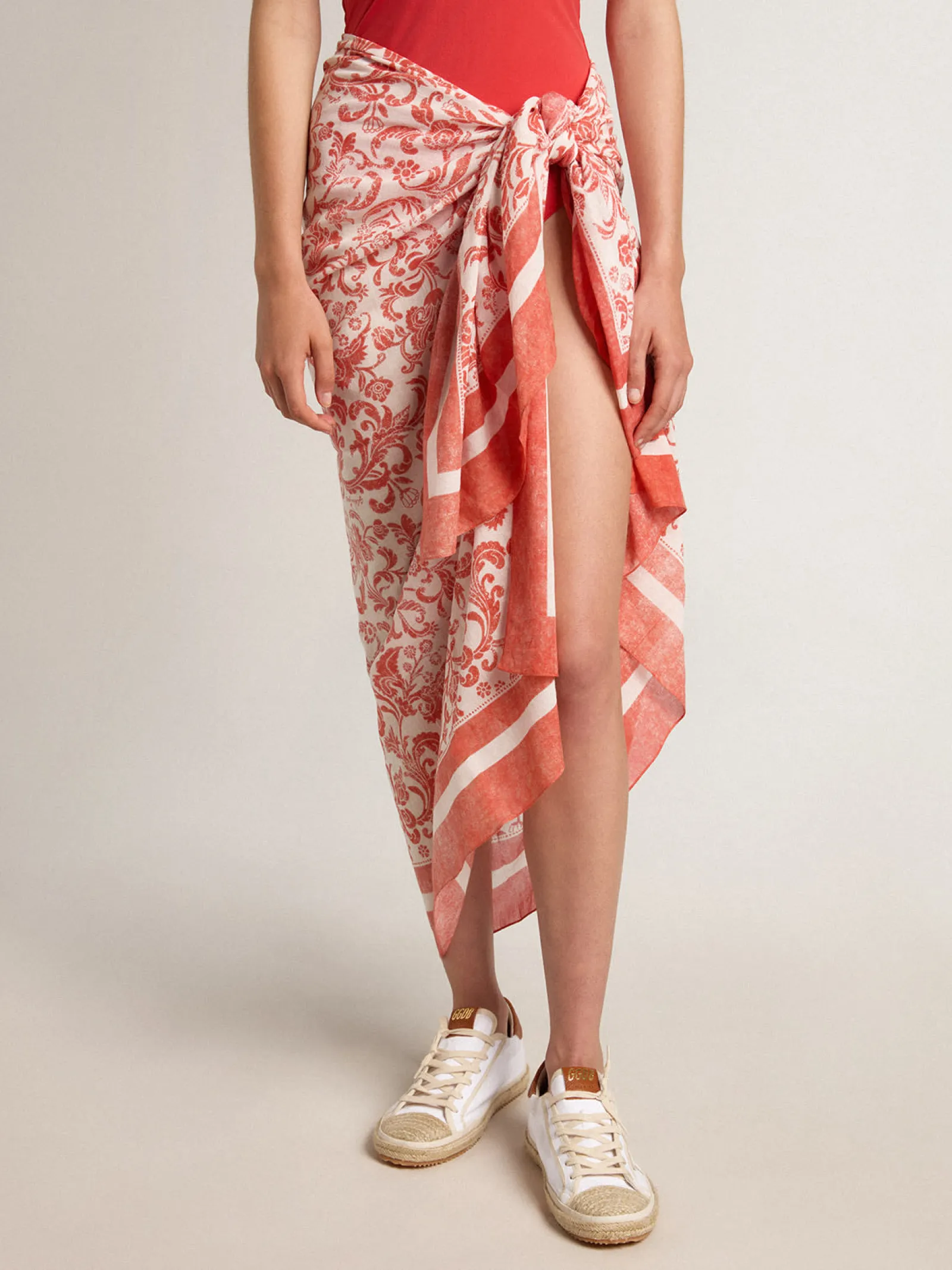 Best Sale Golden Goose Pareô de voile de algodão com estampa branca e vermelho coral all-over Coleção Resort