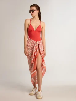 Best Sale Golden Goose Pareô de voile de algodão com estampa branca e vermelho coral all-over Coleção Resort