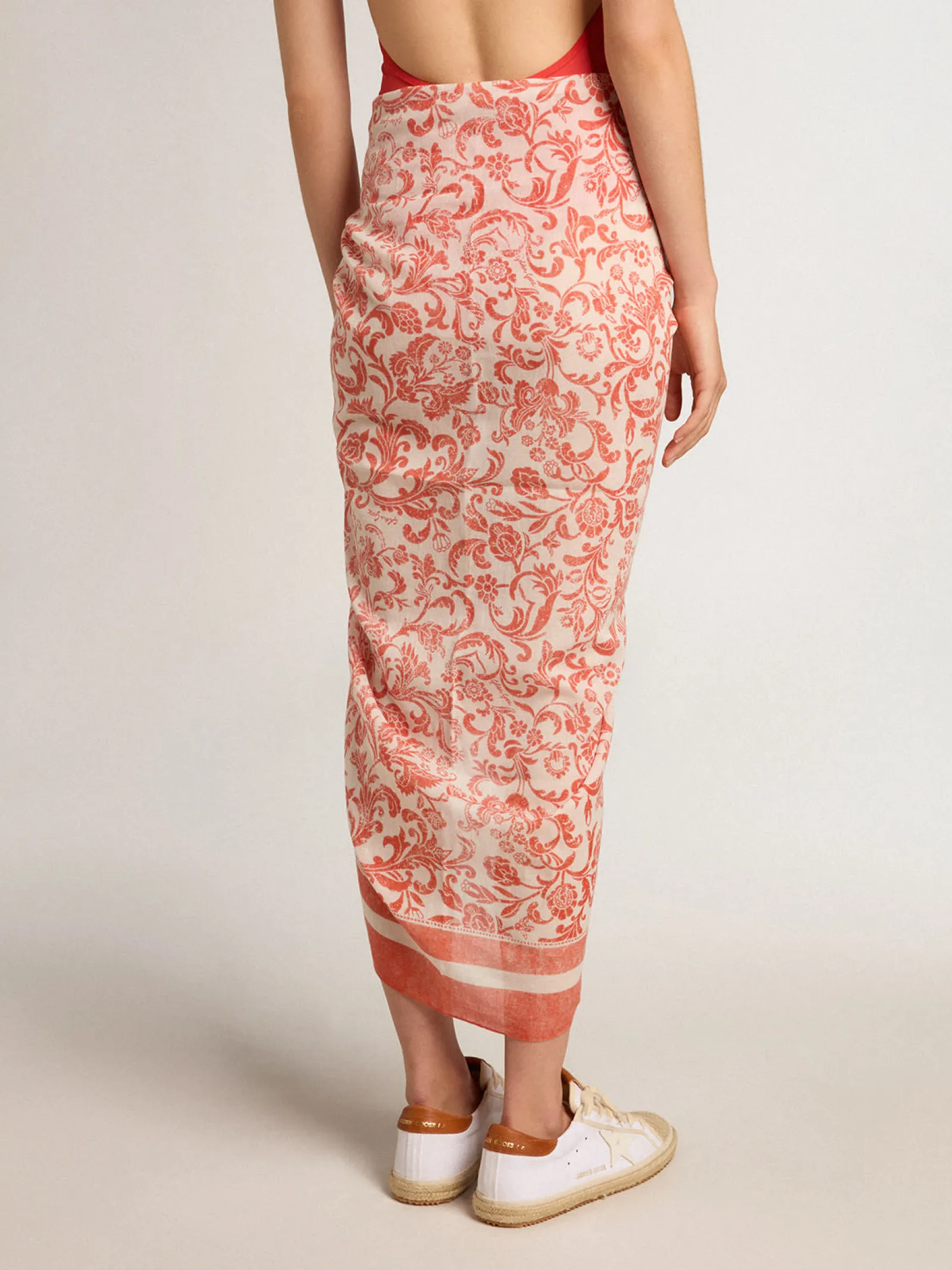 Best Sale Golden Goose Pareô de voile de algodão com estampa branca e vermelho coral all-over Coleção Resort