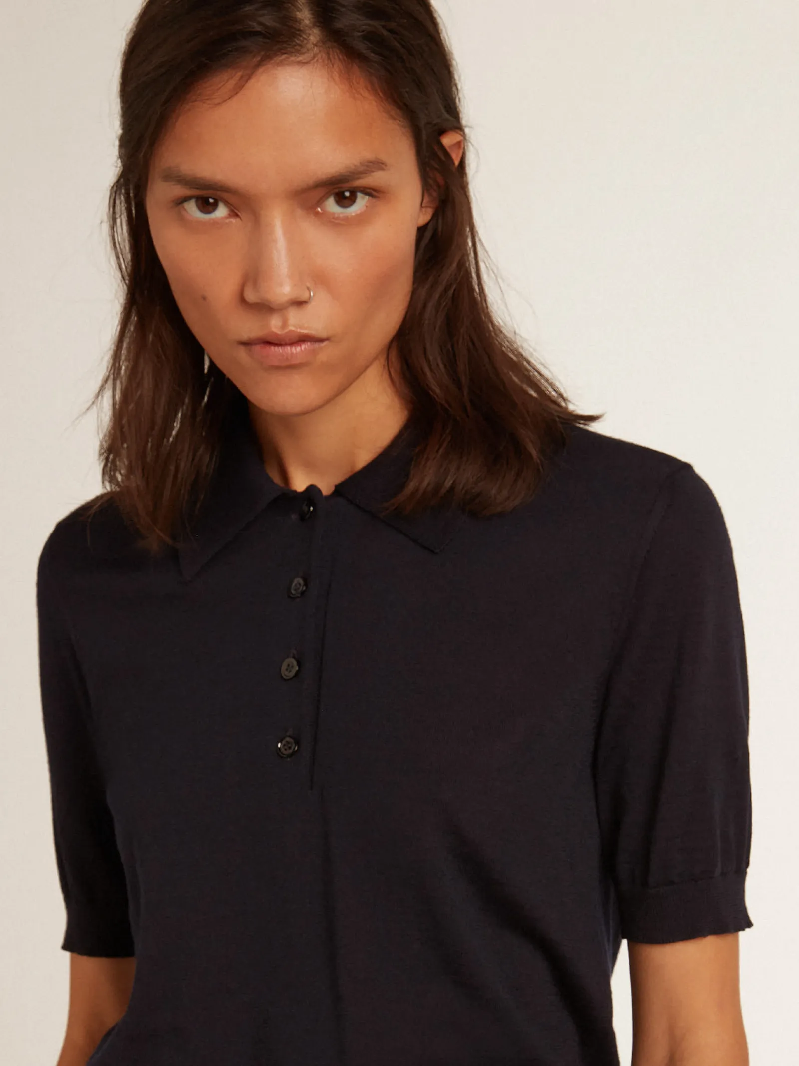 Best Sale Golden Goose Polo feminina de lã merino azul-marinho Golden Collection