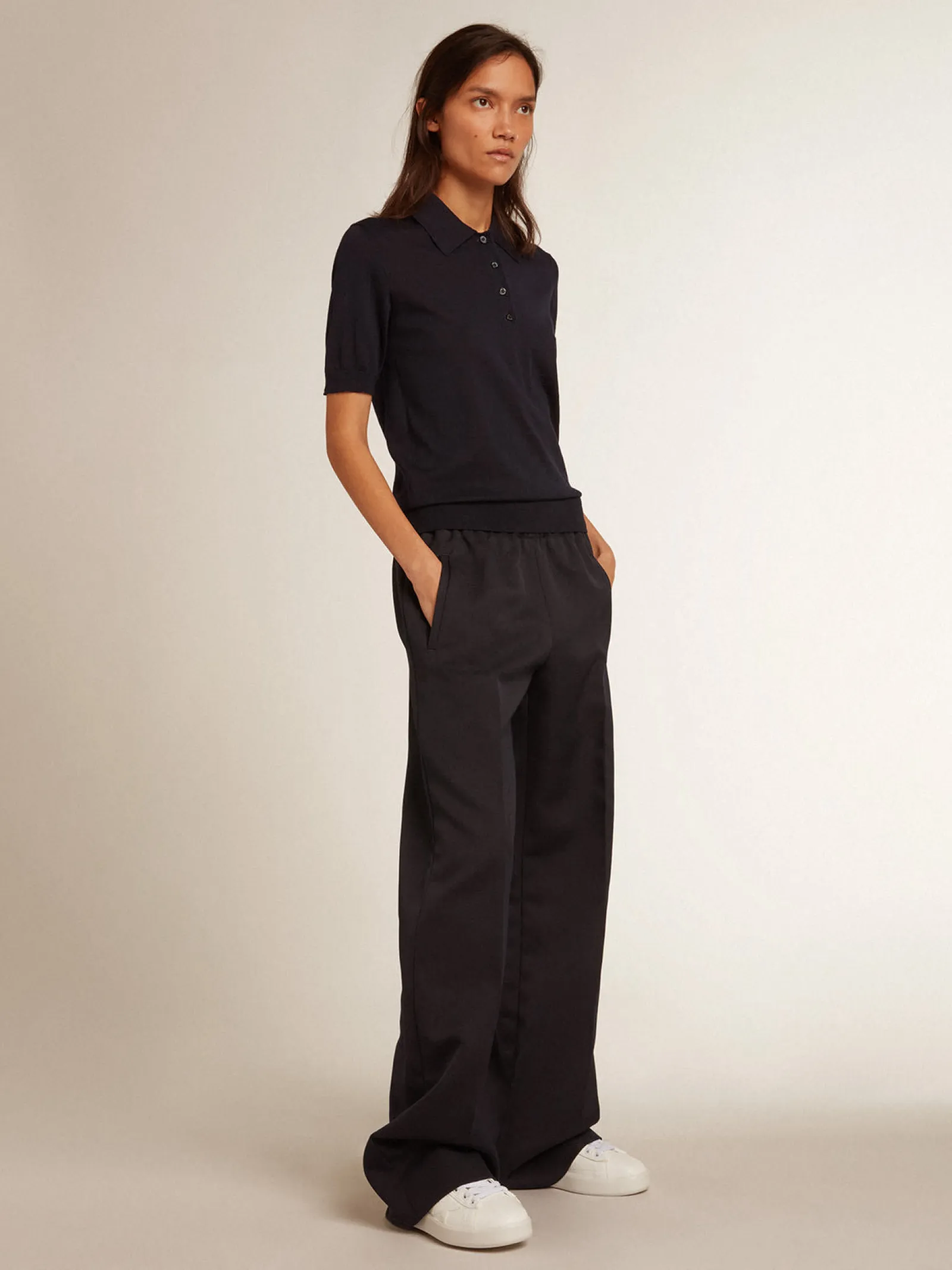 Best Sale Golden Goose Polo feminina de lã merino azul-marinho Golden Collection