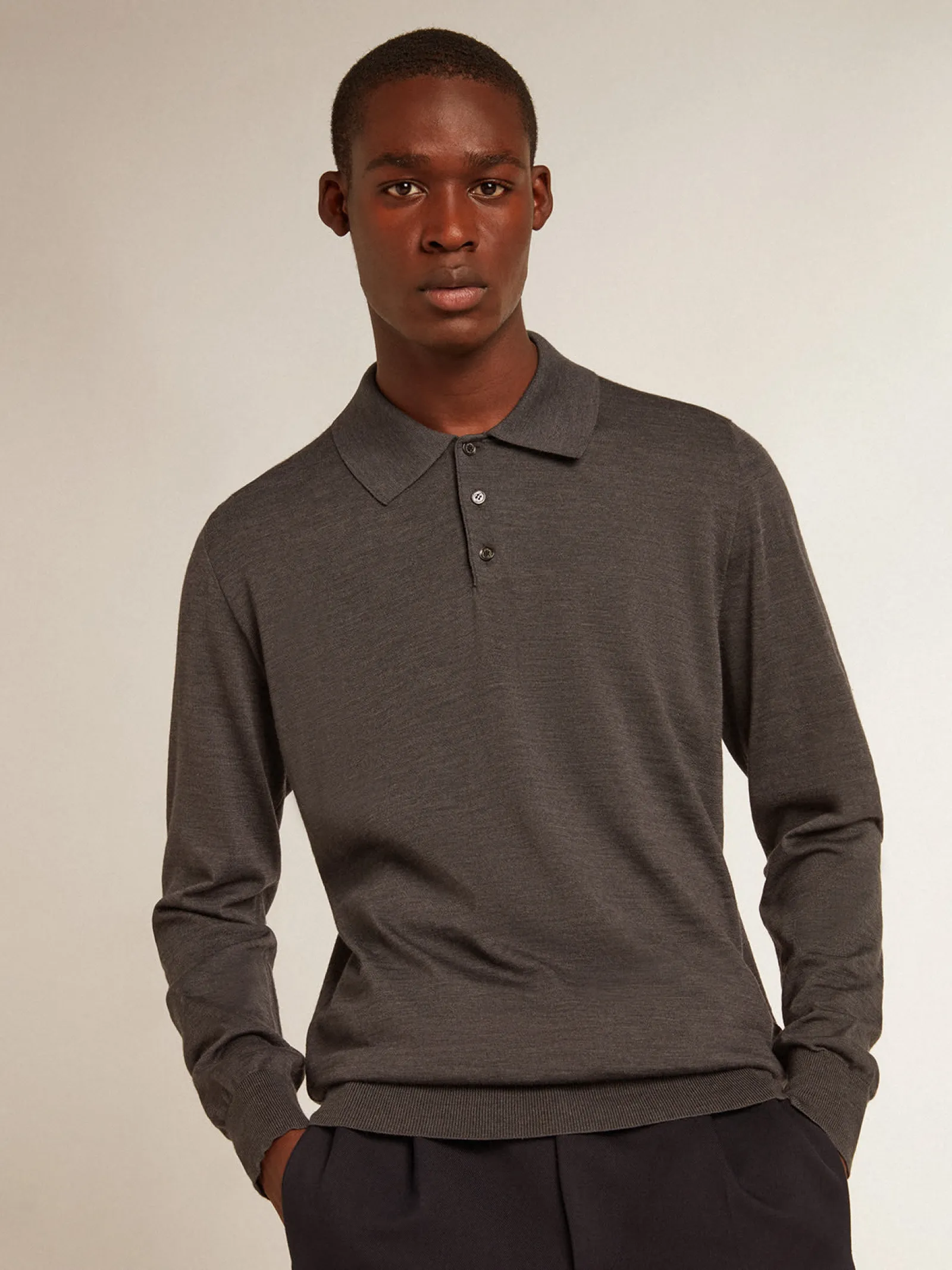 Cheap Golden Goose Polo masculina de manga comprida de lã merino cinza Golden Collection