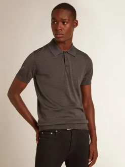 Outlet Golden Goose Polo masculina de manga curta de lã merino cinza Golden Collection