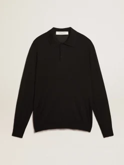 Store Golden Goose Polo masculina de manga comprida de lã merino preta Golden Collection