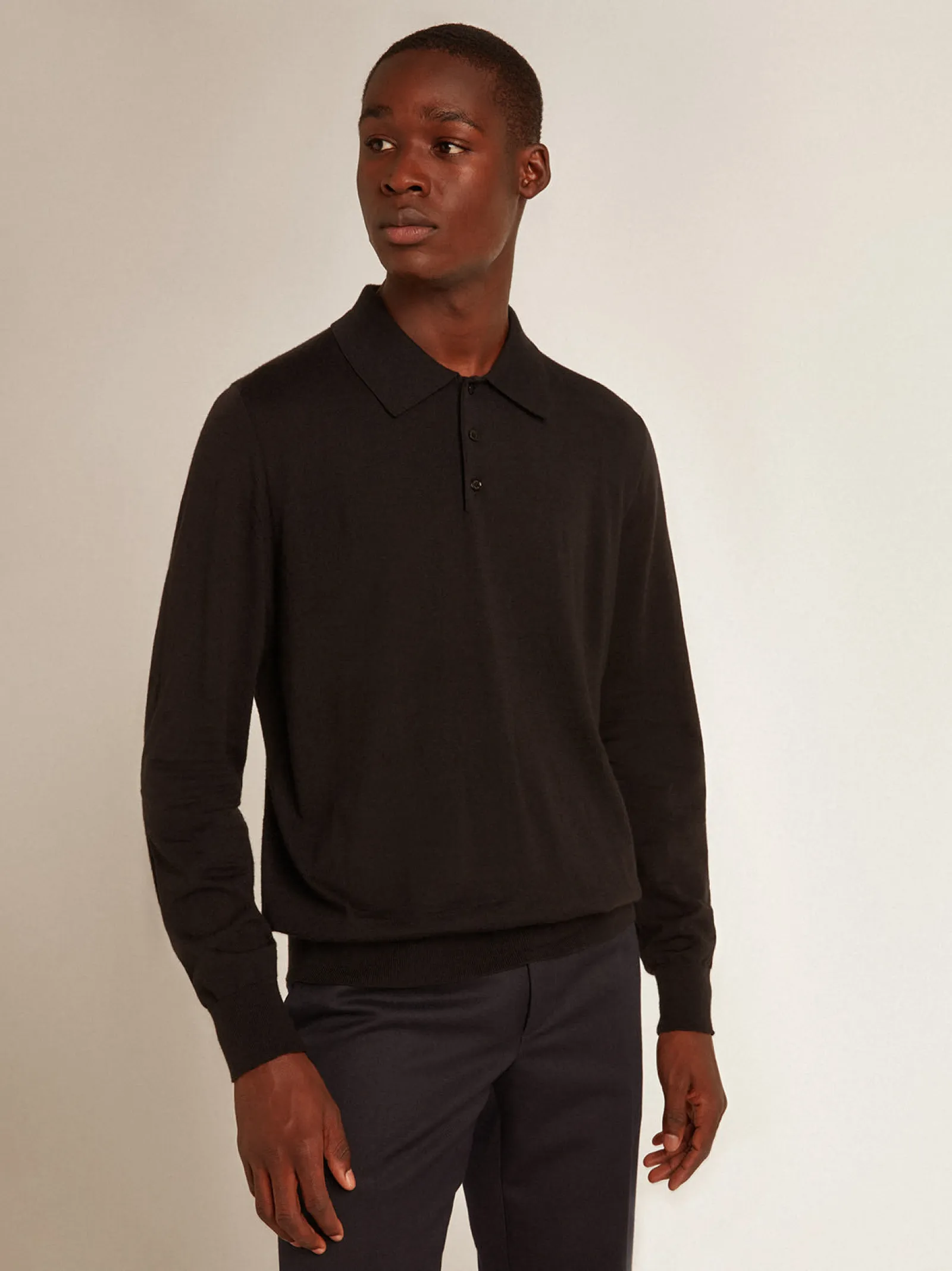 Store Golden Goose Polo masculina de manga comprida de lã merino preta Golden Collection