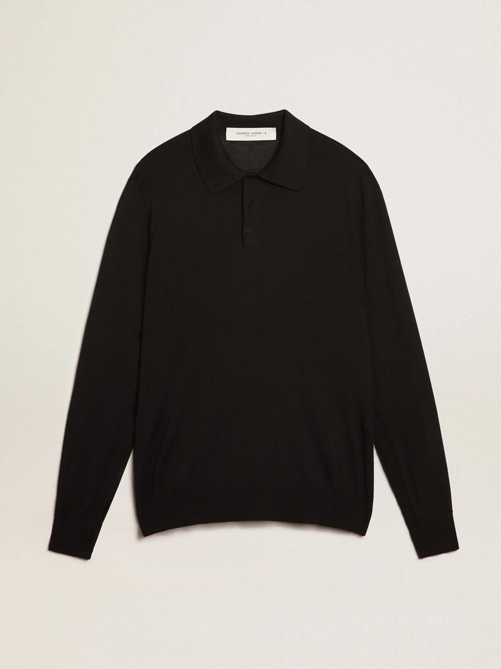 Store Golden Goose Polo masculina de manga comprida de lã merino preta Golden Collection