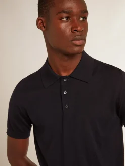 Best Golden Goose Polo masculina de manga curta de lã merino azul-marinho Golden Collection