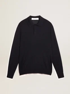 Discount Golden Goose Polo masculina de manga comprida de lã merino azul-marinho Golden Collection