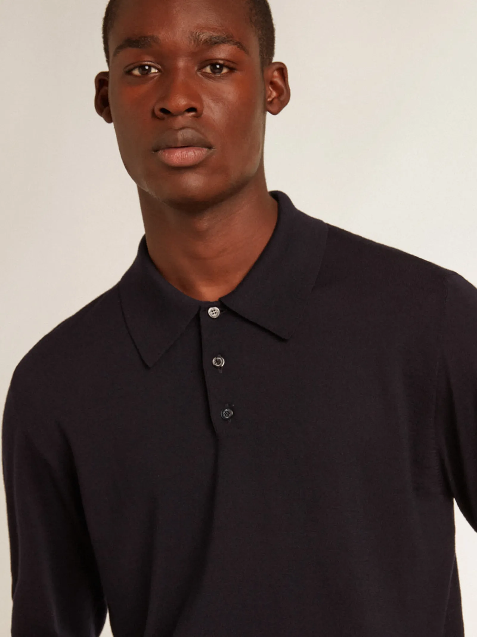 Discount Golden Goose Polo masculina de manga comprida de lã merino azul-marinho Golden Collection