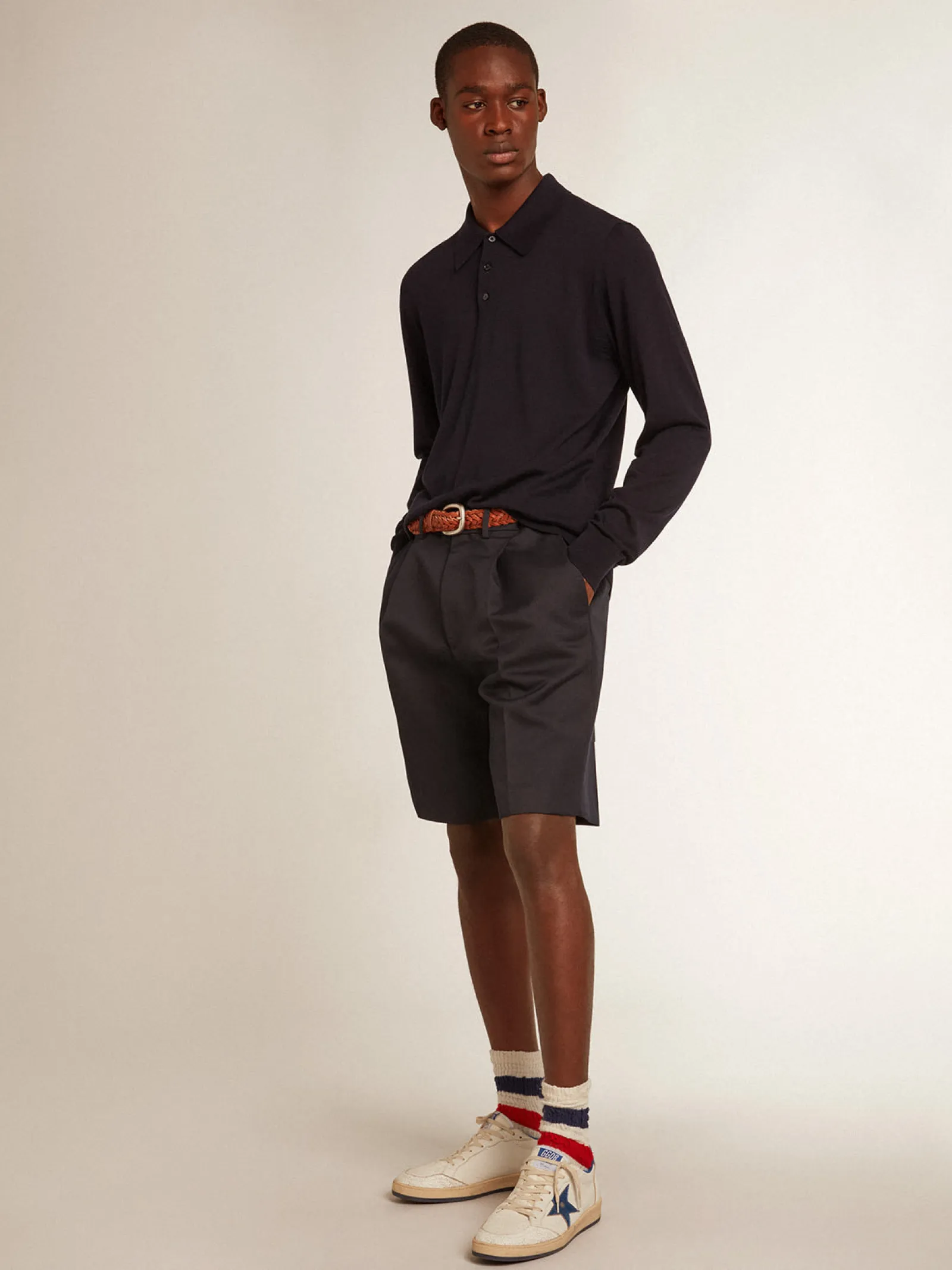 Discount Golden Goose Polo masculina de manga comprida de lã merino azul-marinho Golden Collection