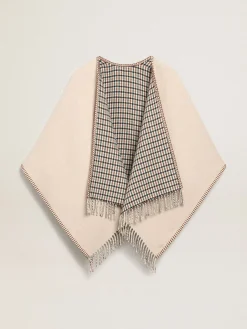 Online Golden Goose Poncho de lã dupla face na cor creme com estampa xadrez e inscrição Cor: creme