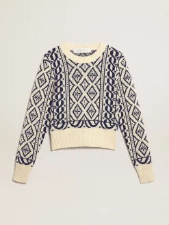 Store Golden Goose Pulôver cropped gola redonda, estampas geométricas pergaminho e azul Cor: pergaminho e azul