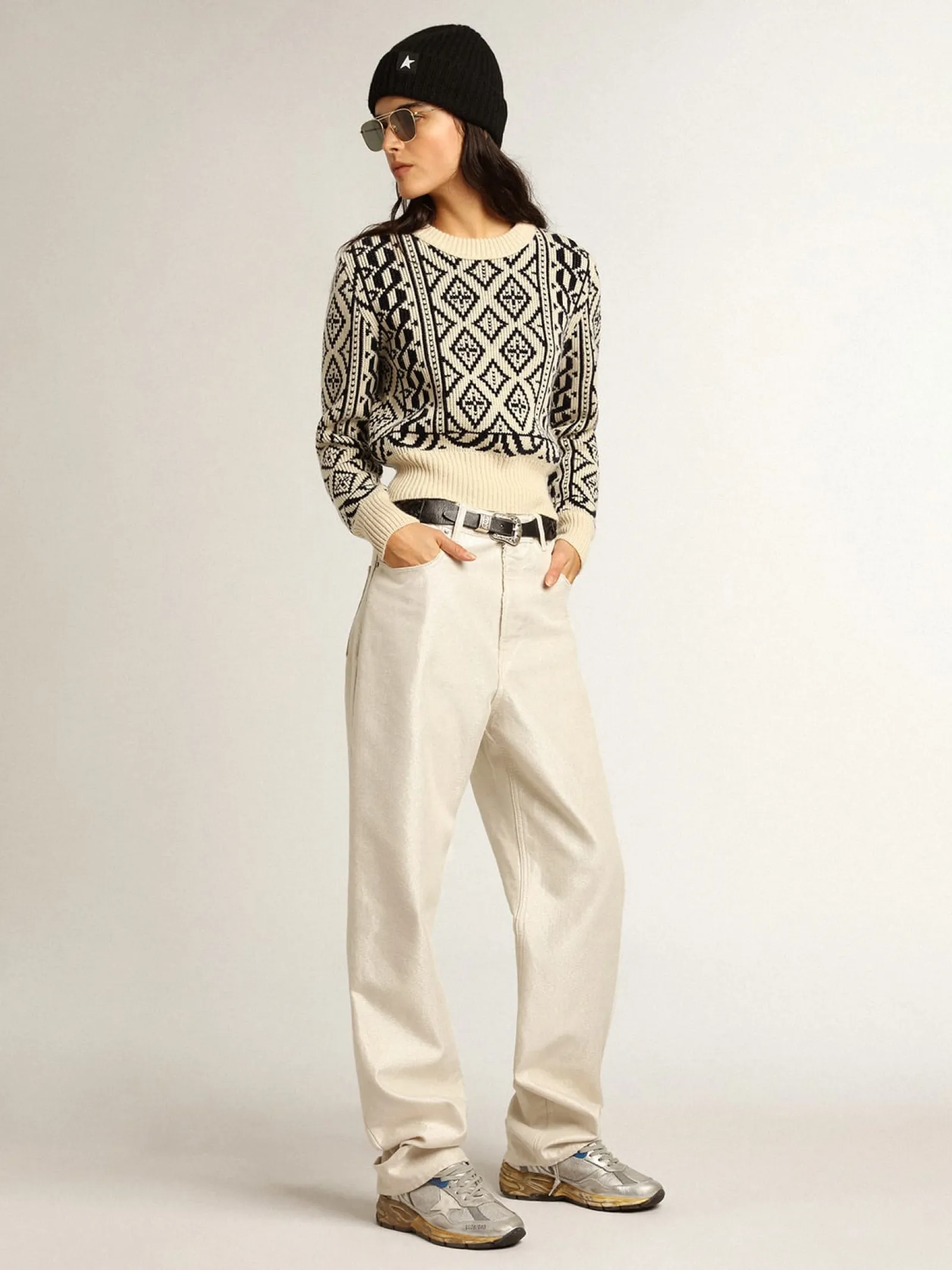 Store Golden Goose Pulôver cropped gola redonda, estampas geométricas pergaminho e azul Cor: pergaminho e azul