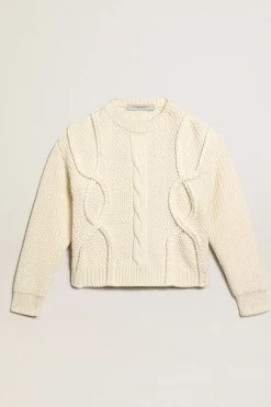 Flash Sale Golden Goose Pulôver feminino de gola redonda de lã com padrão entrelaçado Cor: branco natural
