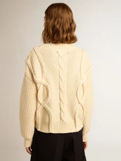 Flash Sale Golden Goose Pulôver feminino de gola redonda de lã com padrão entrelaçado Cor: branco natural