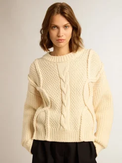 Flash Sale Golden Goose Pulôver feminino de gola redonda de lã com padrão entrelaçado Cor: branco natural