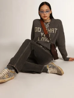 Sale Golden Goose Pulôver feminino de gola redonda cinza com inscrição de glitter Cor: cinza mescla