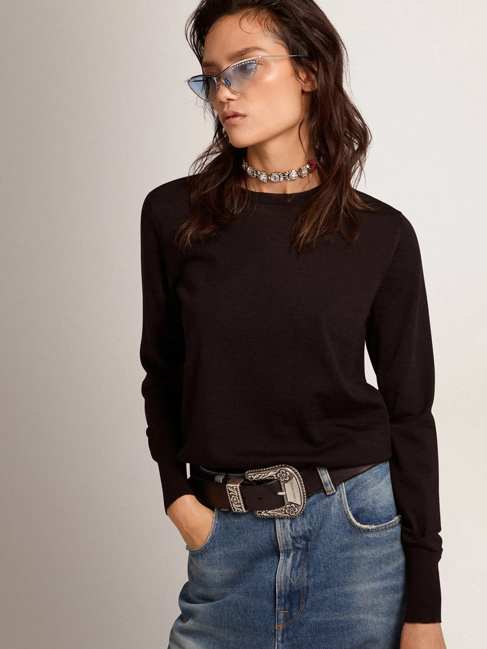 Flash Sale Golden Goose Pulôver feminino de gola redonda de lã preta Cor: preto
