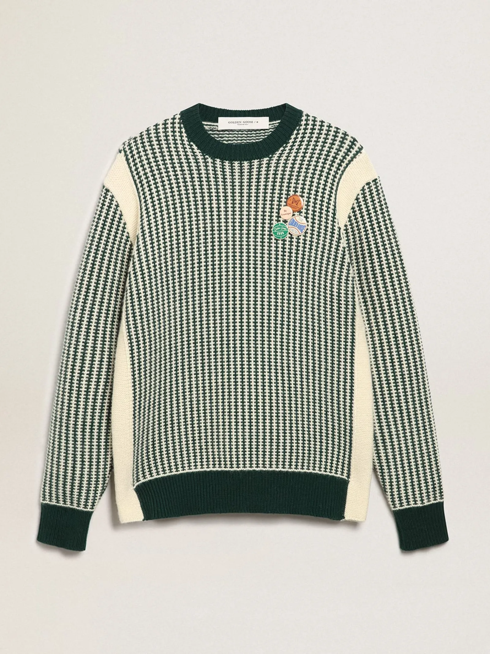 Best Sale Golden Goose Pulôver masculino de gola redonda de lã bicolor branca e verde Cor: branco e verde