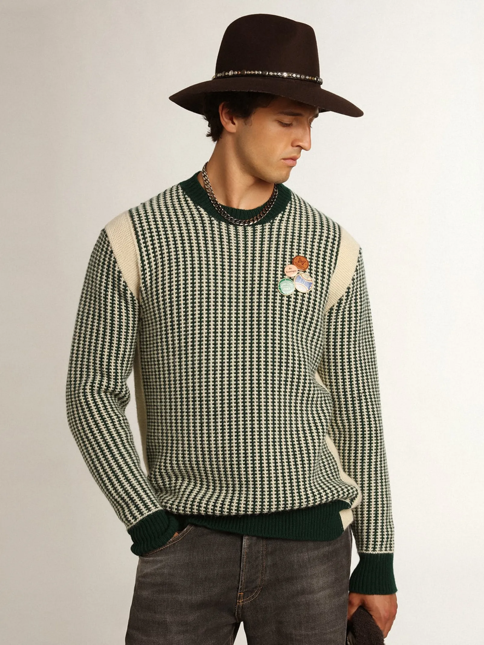 Best Sale Golden Goose Pulôver masculino de gola redonda de lã bicolor branca e verde Cor: branco e verde