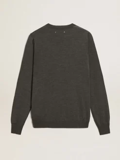 Cheap Golden Goose Pulôver masculino de gola redonda de lã cinza mescla escura Cor: cinza mescla escura