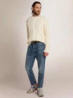Cheap Golden Goose Pulôver masculino de gola redonda de lã com padrão entrelaçado Cor: branco natural