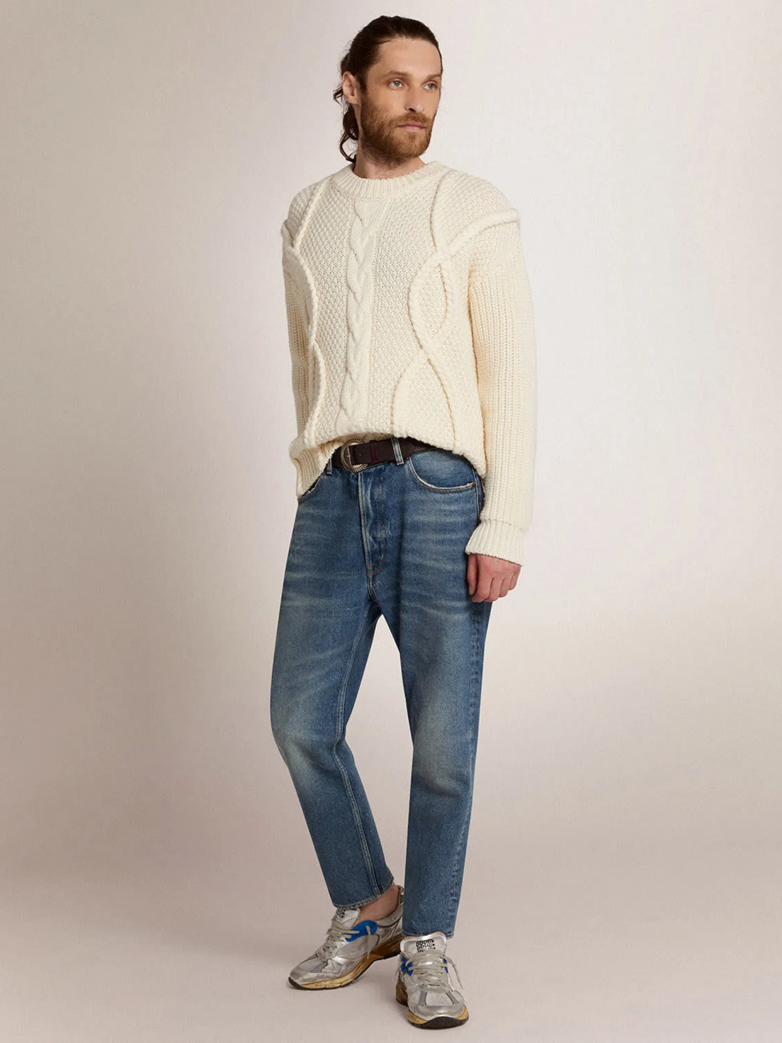 Cheap Golden Goose Pulôver masculino de gola redonda de lã com padrão entrelaçado Cor: branco natural