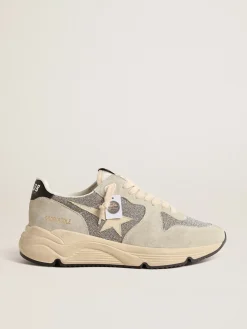 Cheap Golden Goose Running Sole com cristais Swarovski e suede com estrela marfim Cabedal com microcristais Swarovski prateados