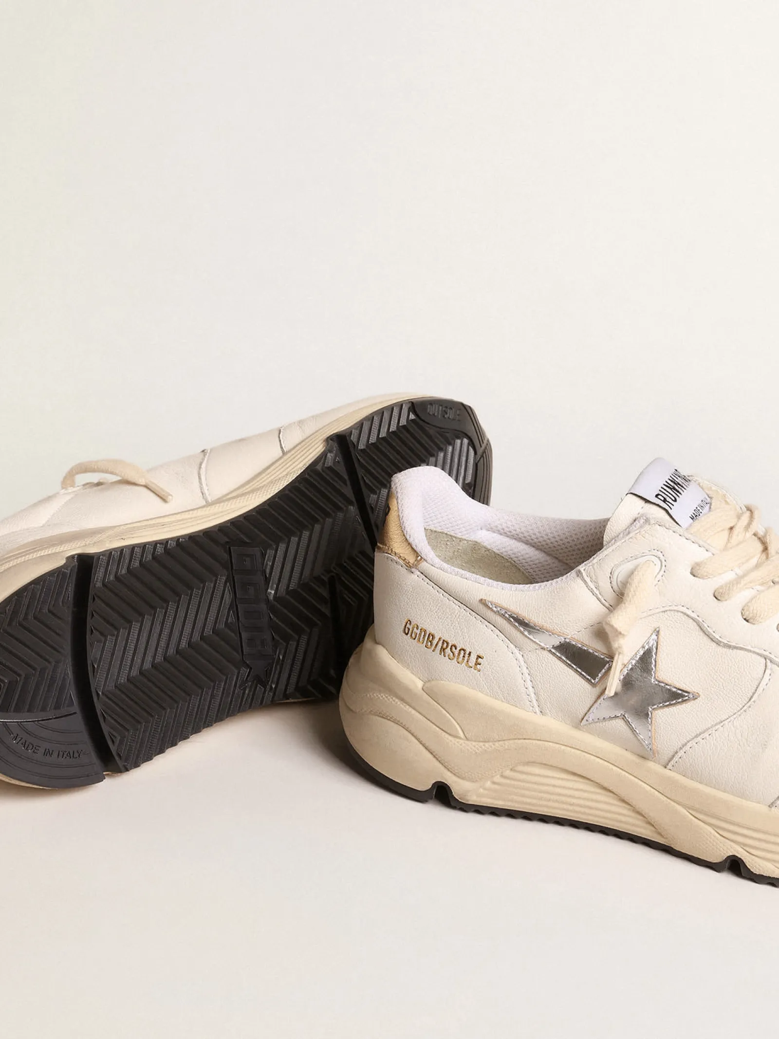 Best Golden Goose Running Sole de napa com estrela prateada e talão de couro dourado Cabedal de napa branca
