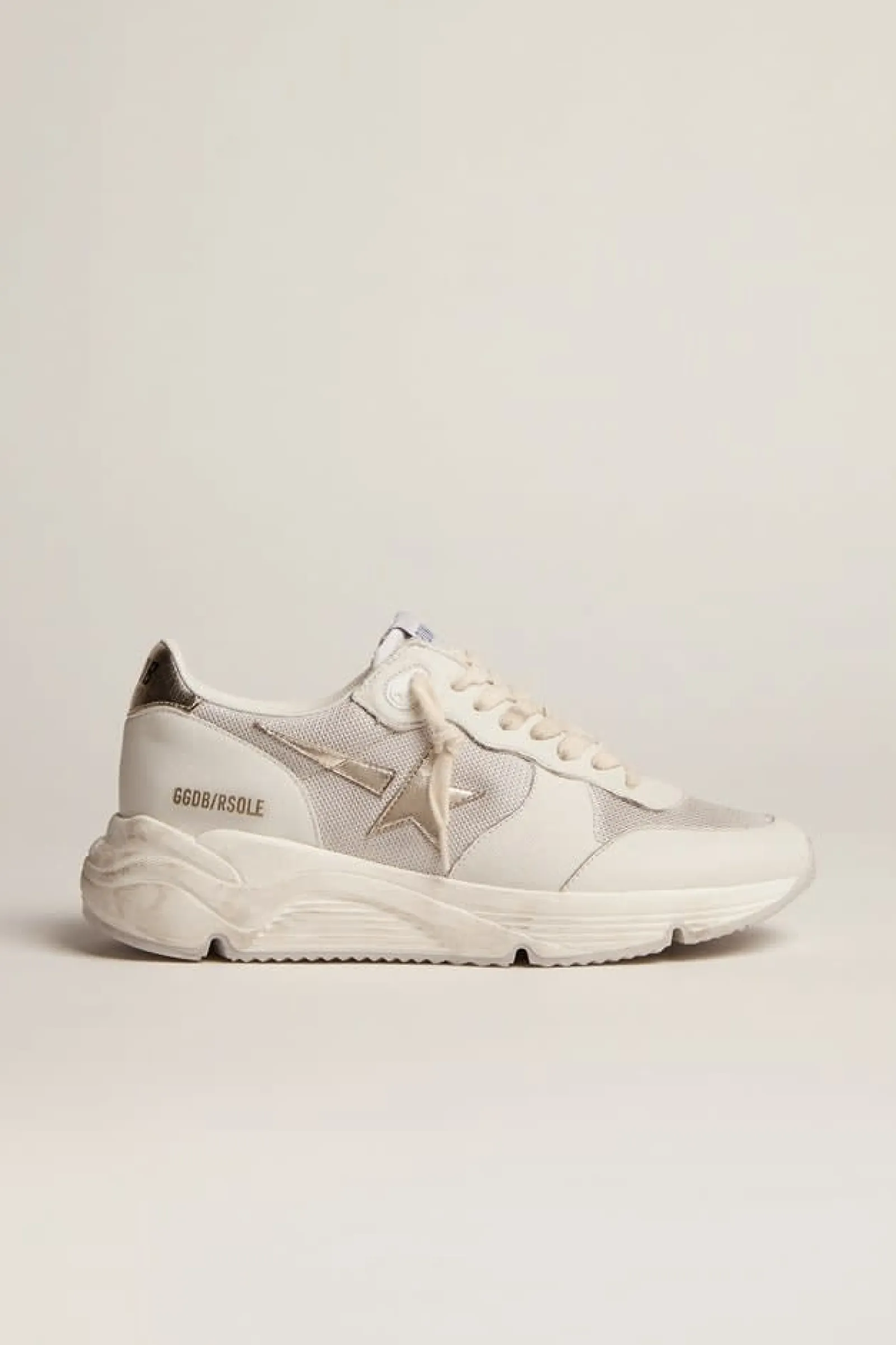 Flash Sale Golden Goose Running Sole de napa e tela com estrela e talão de couro platinado Cabedal de napa branca e tela prateada clara