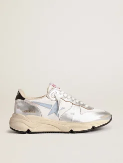 Store Golden Goose Running Sole de náilon e couro metálico prateado com estrela azul Cabedal de náilon branco com inserções de couro metálico prateado