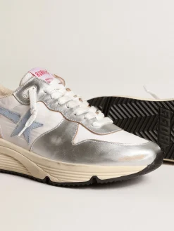 Store Golden Goose Running Sole de náilon e couro metálico prateado com estrela azul Cabedal de náilon branco com inserções de couro metálico prateado