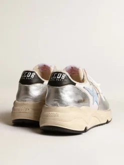 Store Golden Goose Running Sole de náilon e couro metálico prateado com estrela azul Cabedal de náilon branco com inserções de couro metálico prateado