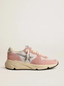Best Golden Goose Running Sole de tela cinza e suede com estrela de glitter prateado Cabedal de tela cinza e suede rosa antigo
